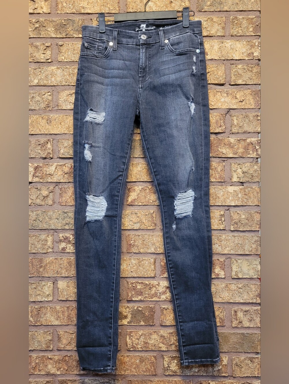 7FAM Skinny Distressed Denim Jeans Size 27 Cotton Blend Stretch Charcoal